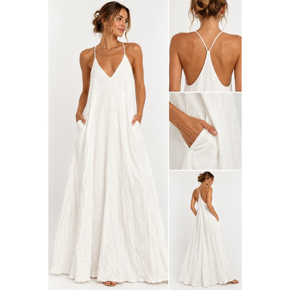 Seven Wonders Revolve Aidana Maxi Dress White Sz Large Beach Minimalist Pockets